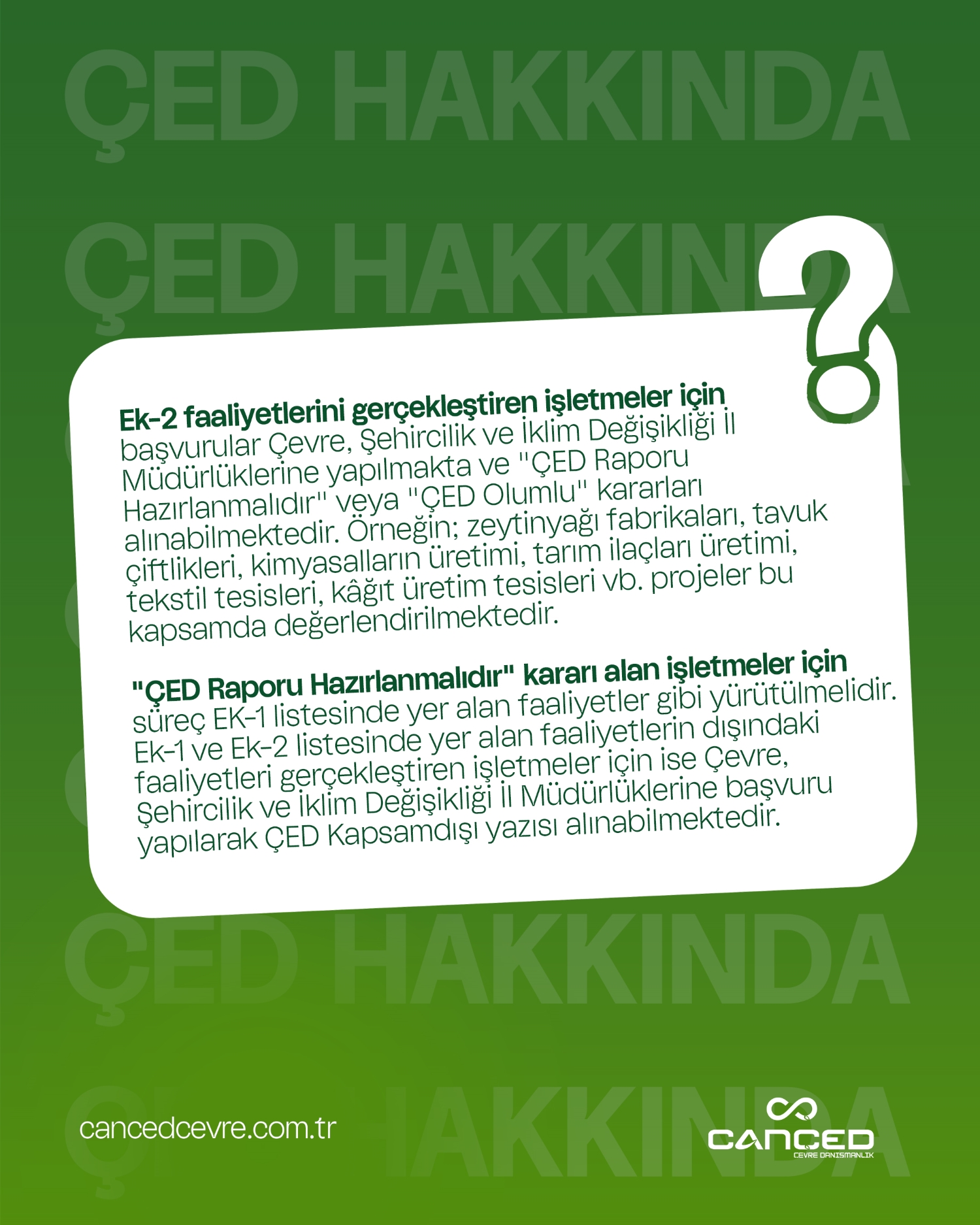Çevreye etkisi olan tüm işletmelerde ÇED (Çevresel Etki Değerlendirmesi) süreci yasal bir zorunluluktur. Bu sayede projelerin çevreye olan olası etkileri değerlendirilir ve aza indirilir. CANÇED Çevre olarak İzmir ve Manisa'daki projeler için ÇED hizmeti vermekteyiz..
